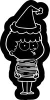 karikaturikone eines neugierigen jungen mit vielen büchern, die weihnachtsmütze tragen vektor