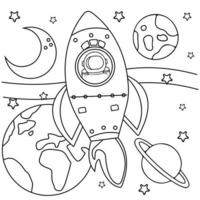 Farbseitenumriss einer Zeichentrickrakete mit Astronaut im Weltraum. vektor