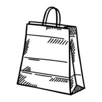 Papiereinkaufstasche isoliert skizziert. Doodle-Paket im handgezeichneten Stil. vektor