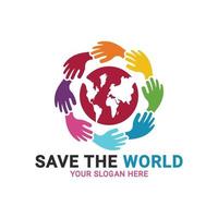 rädda världens logotyp, mänskliga händer som håller världen, teamwork händer logotyp, hjälpande händer logotyp mall vektor