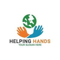 rädda världens logotyp, mänskliga händer som håller världen, teamwork händer logotyp, hjälpande händer logotyp mall vektor
