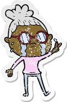 Distressed-Sticker einer weinenden Cartoon-Frau mit Brille vektor