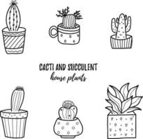 vektor doodle kaktus och suckulenta samling av illustration. svart linje konst krukväxter i en krukor set. perfekt för olika typer av mönster och bakgrunder