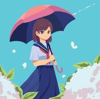 Anime-Student mit Regenschirm vektor