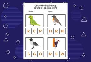Kreise den Anfangslaut jedes Vogels ein. Lernspiel für Kinder vektor
