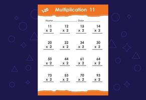 Grundlegende mathematische Multiplikation für Kinder. ein pädagogisches Arbeitsblatt für Kinder. Vektordesign vektor