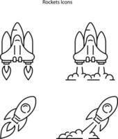 Raketenikonensatz lokalisiert auf weißem Hintergrund von. Raketensymbol dünne Linie Umriss lineares Raketensymbol für Logo, Web, App, ui. Raketensymbol einfaches Zeichen. vektor