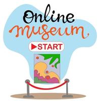 Virtuelles Museum online. das konzept des vektors des webtourismus. Besuchen Sie ein Online-Museum, eine Galerie und sehen Sie sich Gemälde an. interaktive Museumsausstellung und Startknopf. Online-Touren. Vektor flaches Konzept