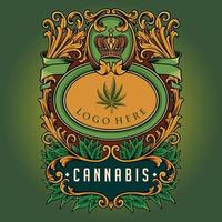 luxuriöses klassisches Cannabis-Kronenabzeichen mit üppigen, kunstvollen Illustrationen vektor