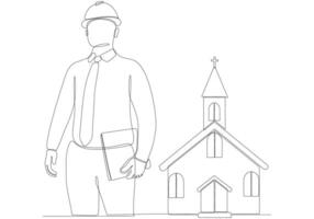 durchgehende Linie männlicher Architekt, der Kirchenvektorillustration baut vektor