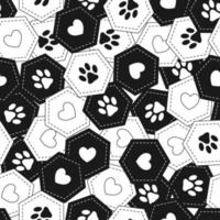 sömlös bakgrund med hjärtan och fotspår av husdjur i kaotiska överlappande hexagoner. bra för dekoration av wrap, varor för husdjur. svart och vitt. vektor. vektor