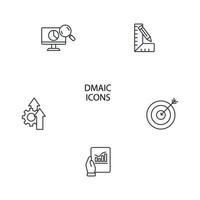 dmaic ist ein Akronym für das Definieren, Messen, Analysieren, Verbessern und Kontrollieren von Symbolen. dmaic ist ein Akronym für das Definieren, Messen, Analysieren, Verbessern und Kontrollieren von Paketsymbol-Vektorelementen für das Infografik-Web vektor