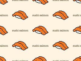 Sushi-Lachs-Cartoon-Figur nahtloses Muster auf gelbem Hintergrund. Pixel-Stil vektor