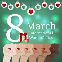 internationella kvinnodagen gratulationskort, banner. kvinnors marsch. multinationell jämlikhet. kvinnlig hand med näven upphöjd. girl power. feminism koncept. vektor illustration för din design.