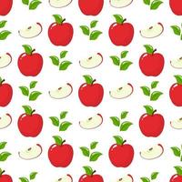 seamless mönster med röda hela skiva äpplen och blad på vit bakgrund. ekologisk frukt. tecknad stil. vektorillustration för design, webb, omslagspapper, tyg, tapeter. vektor