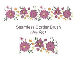 Vektor Musterdesign Bürste aus grünen Blättern mit lila Blüten mit Schilf und Seerosen auf weißem Hintergrund. florale Randverzierung. trendige flache illustration