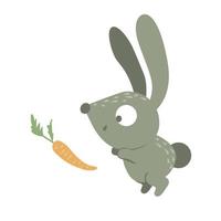 flaches lustiges Babykaninchen der Vektorkarikaturart mit der Karotte lokalisiert auf weißem Hintergrund. niedliche illustration von waldtieren. kleines Hasensymbol vektor