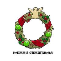 weihnachts- und neujahrskranz mit stechpalme, sternen, engel, süßigkeiten, lutschern, kegeln, weihnachtskugel, beeren. Vektor-Illustration. vektor