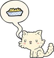 söt tecknad katt och mat- och pratbubbla i serietidningsstil vektor