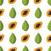 Nahtloses Muster mit frischen hellen exotischen ganzen und halben Papaya-Früchten auf weißem Hintergrund. sommerfrüchte für einen gesunden lebensstil. Bio-Obst. Cartoon-Stil. Vektorillustration für jedes Design. vektor