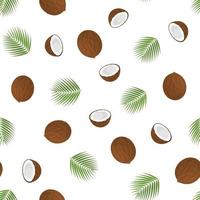 sömlösa mönster med tecknade detaljerade bruna exotiska hel kokosnöt, halva och gröna blad. sommarfrukter för en hälsosam livsstil. ekologisk frukt. vektor illustration för någon design.