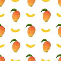 Nahtloses Muster mit frischer, heller, exotischer, ganzer und geschnittener Mango isoliert auf weißem Hintergrund. sommerfrüchte für einen gesunden lebensstil. Bio-Obst. Cartoon-Stil. Vektorillustration für jedes Design. vektor