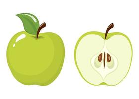 färskt hela och hälften grönt äpple isolerad på vit bakgrund. ekologisk frukt. tecknad stil. vektor illustration för någon design.