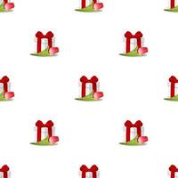 Nahtloses Muster mit realistischer 3D-Geschenkbox mit roter Tulpe auf weißem Hintergrund. weihnachten, valentinstag, neujahr, feierlichkeiten, geburtstage. vektorillustration für design, verpackungspapier, stoff vektor