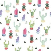 seamless mönster med olika färgglada realistiska kaktusar i kruka och geometriska figurer. vektor illustration isolerad på vit bakgrund.