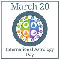 internationella astrologidagen. 20 mars. Mars semesterkalender. cirkel stjärntecken. zodiaken element. horoskop tecken vektor illustration för din design.