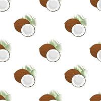 Nahtloses Muster mit Cartoon detaillierte braune exotische ganze Kokosnuss, halbes und grünes Blatt. sommerfrüchte für einen gesunden lebensstil. Bio-Obst. Vektorillustration für jedes Design.