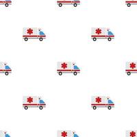 Nahtloses Muster mit Rettungswagen auf weißem Hintergrund. medizinisches Fahrzeug. Medizin Zeichen. flacher Stil. vektorillustration für design, web, verpackungspapier, stoff, tapete vektor