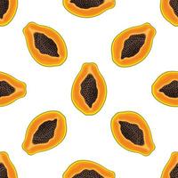 seamless mönster med färska ljusa exotiska halv papaya frukt på vit bakgrund. sommarfrukter för en hälsosam livsstil. ekologisk frukt. tecknad stil. vektor illustration för någon design.