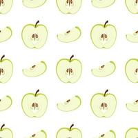 Nahtloses Muster mit grüner Hälfte und Apfelscheiben auf weißem Hintergrund. Bio-Obst. Cartoon-Stil. vektorillustration für design, web, verpackungspapier, stoff, tapete. vektor