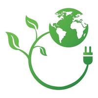 grüne Blätter, Erde und Steckersymbol isoliert auf weißem Hintergrund. Ökologiekonzept Energie sparen. Vektorillustration für jedes Design. vektor