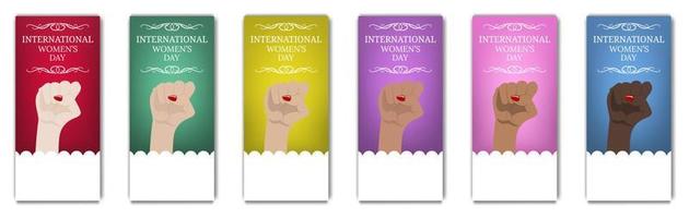 flygblad för internationella kvinnodagen, broschyr. kvinnors marsch. multinationell jämlikhet. kvinnlig hand med näven upphöjd. girl power. feminism koncept. vektor illustration för din design.
