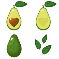 Set aus frischen ganzen, halben, geschnittenen Scheiben und Blättern Avocado mit Herz isoliert auf weißem Hintergrund. sommerfrüchte für einen gesunden lebensstil. Bio-Obst. Cartoon-Stil. Vektorillustration für jedes Design. vektor