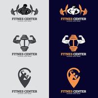 uppsättning fitness märken. fitness gym logotyp formgivningsmall. etiketter i vintage stil med sport siluett symboler vektor