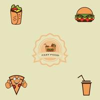 amerikanisches Fastfood-Emblem für Ihr Logo. Burger, Hähnchen und Pommes, Nuggets, Donut und Kaffee, Kuchen, Limonade und Nudeln, Nachos und Eiscreme-Vektorsymbole vektor