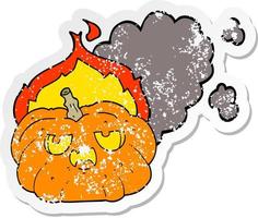 nödställda klistermärke av en tecknad flammande halloween pumpa vektor