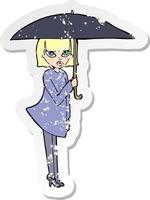 Retro-Distressed-Aufkleber einer Cartoon-Frau mit Regenschirm vektor