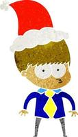 nervöser Retro-Cartoon eines Jungen mit Hemd und Krawatte mit Weihnachtsmütze vektor