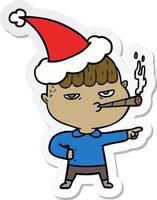 klistermärke tecknad av en man som röker bär tomtehatt vektor