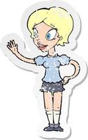 Retro-Distressed-Sticker einer winkenden Cartoon-Frau vektor