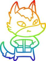 Regenbogen-Gradientenlinie zeichnet freundlichen Cartoon-Wolf mit Geschenk vektor