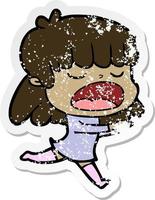 Distressed Sticker einer Cartoon-Frau, die laut spricht vektor