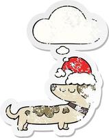 Cartoon-Hund mit Weihnachtsmütze und Gedankenblase als verzweifelter, abgenutzter Aufkleber vektor