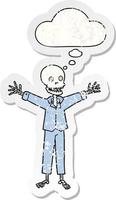 Cartoon-Skelett mit Schlafanzug und Gedankenblase als verzweifelter, abgenutzter Aufkleber vektor