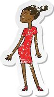 Retro-Distressed-Aufkleber einer Cartoon-Frau im Kleid vektor