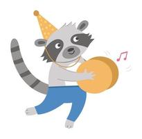 vektor söt tvättbjörn med cymbaler i födelsedagshatt. roligt b-dag djur för kort, affisch, tryck design. ljusa semester illustration för barn. glada firande karaktär ikon